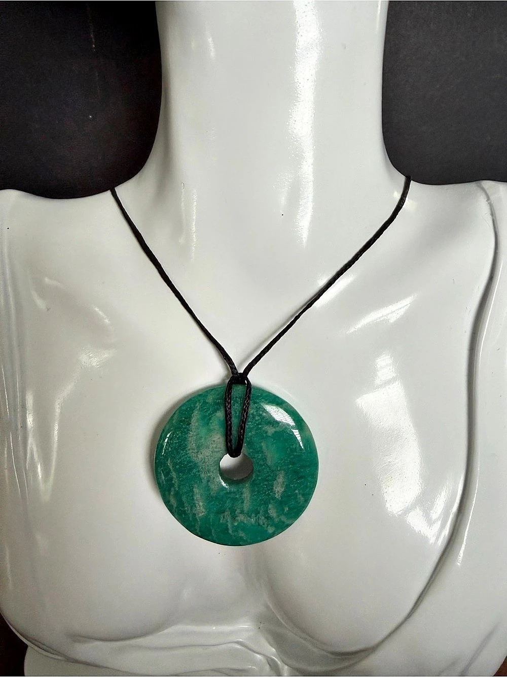 Green Stone Donut Pendant Necklace Black Cord 15” Boho Statement Jewelry